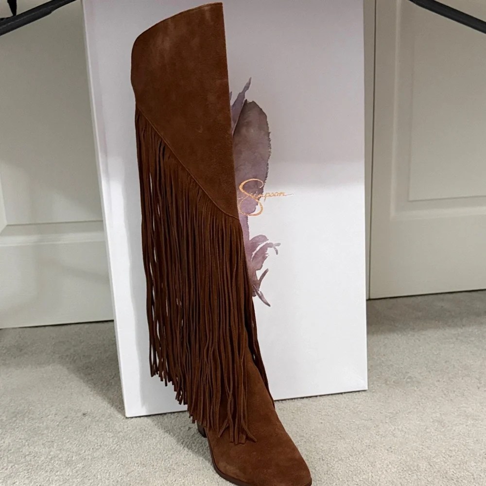 Jessica Simpson Brown Suede Fringe Heeled Boots - Picture 2 of 8
